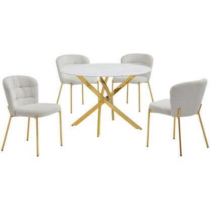 Round White Marble Wrap Glass Ding Table With 4 Cream Side Chairs