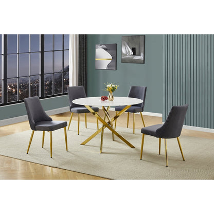 5Pc Round Marble Wrap Tempered Glass Dining Set With 4 Dark Gray Side Chairs