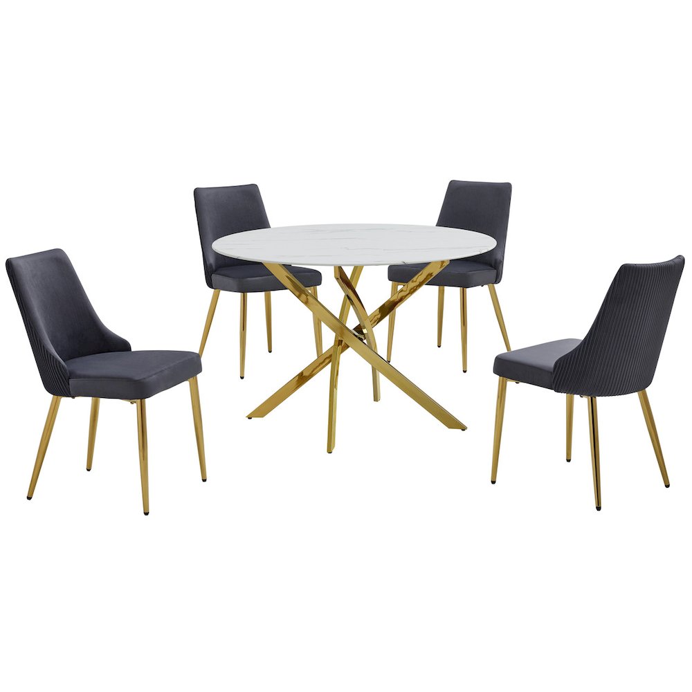 5Pc Round Marble Wrap Tempered Glass Dining Set With 4 Dark Gray Side Chairs