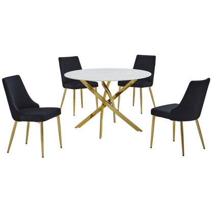 5Pc Round Marble Wrap Tempered Glass Dining Set With 4 Black Side Chairs