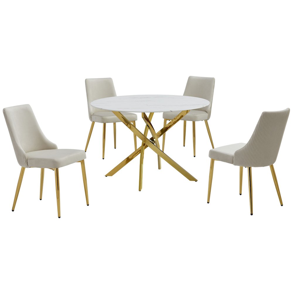 5Pc Round Marble Wrap Tempered Glass Dining Set With 4 Cream Side Chairs
