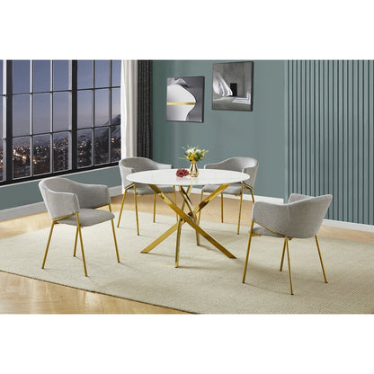 Round Marble Wrap Tempered Glass Dining Table With 4 Linen Gray Side Chairs