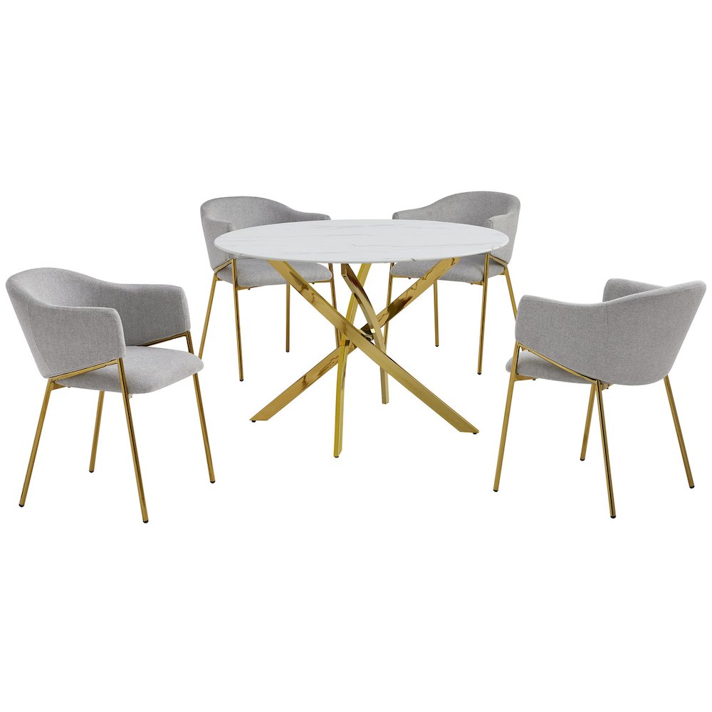Round Marble Wrap Tempered Glass Dining Table With 4 Linen Gray Side Chairs