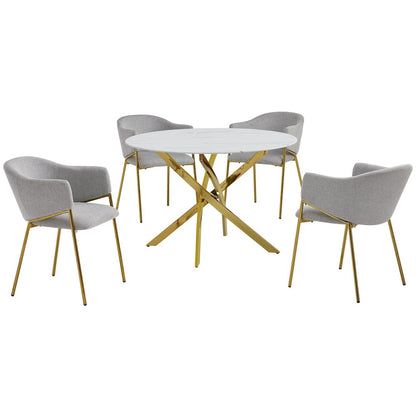 Round Marble Wrap Tempered Glass Dining Table With 4 Linen Gray Side Chairs