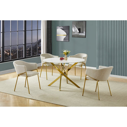 Round Marble Wrap Tempered Glass Dining Table With 4 Linen Beige Side Chairs