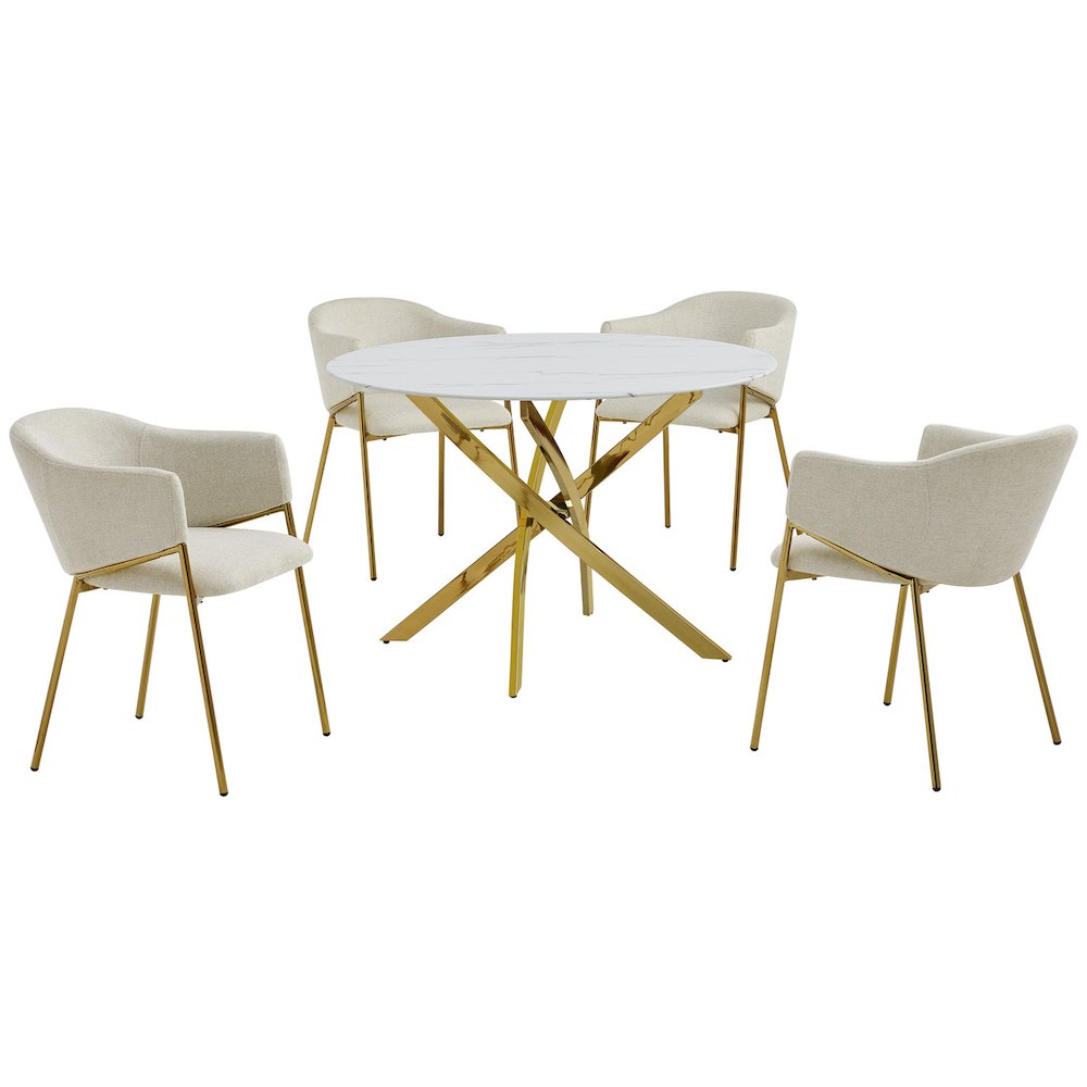 Round Marble Wrap Tempered Glass Dining Table With 4 Linen Beige Side Chairs