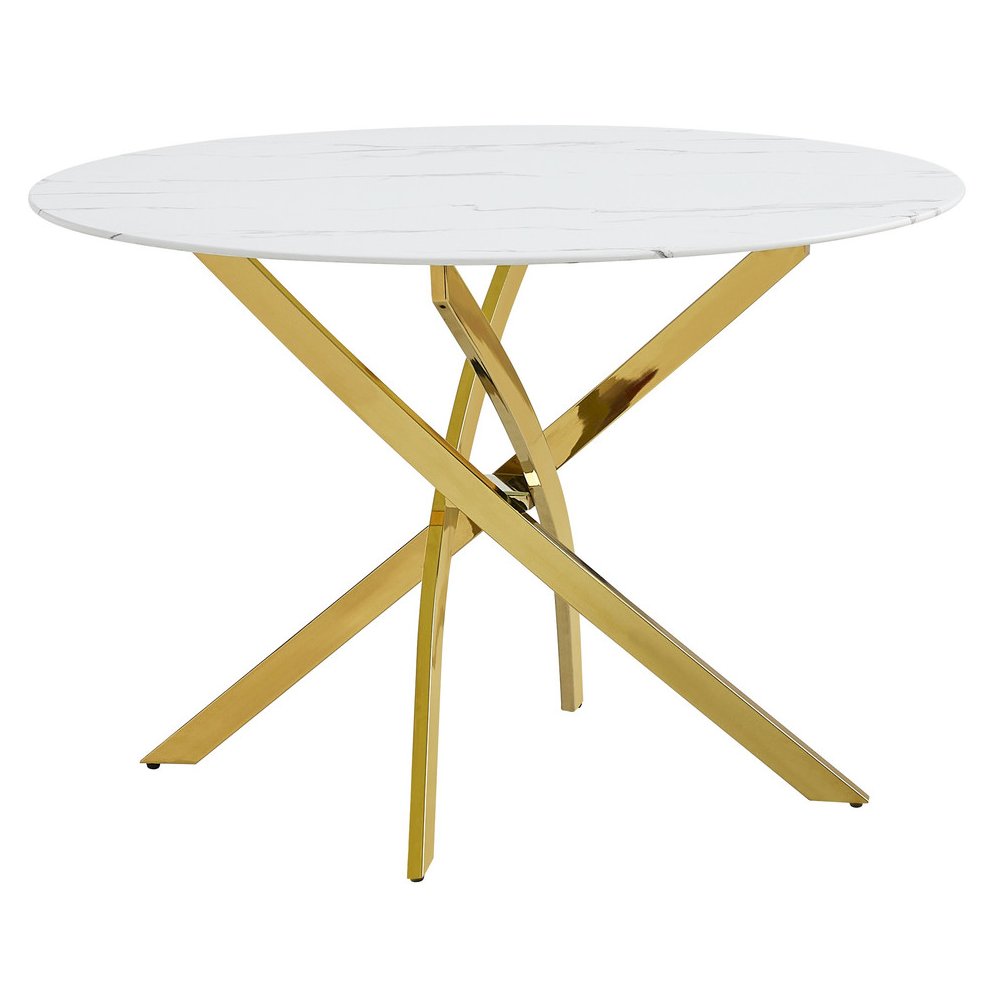 Round Marble Wrap Tempered Glass Dining Table With Gold Base