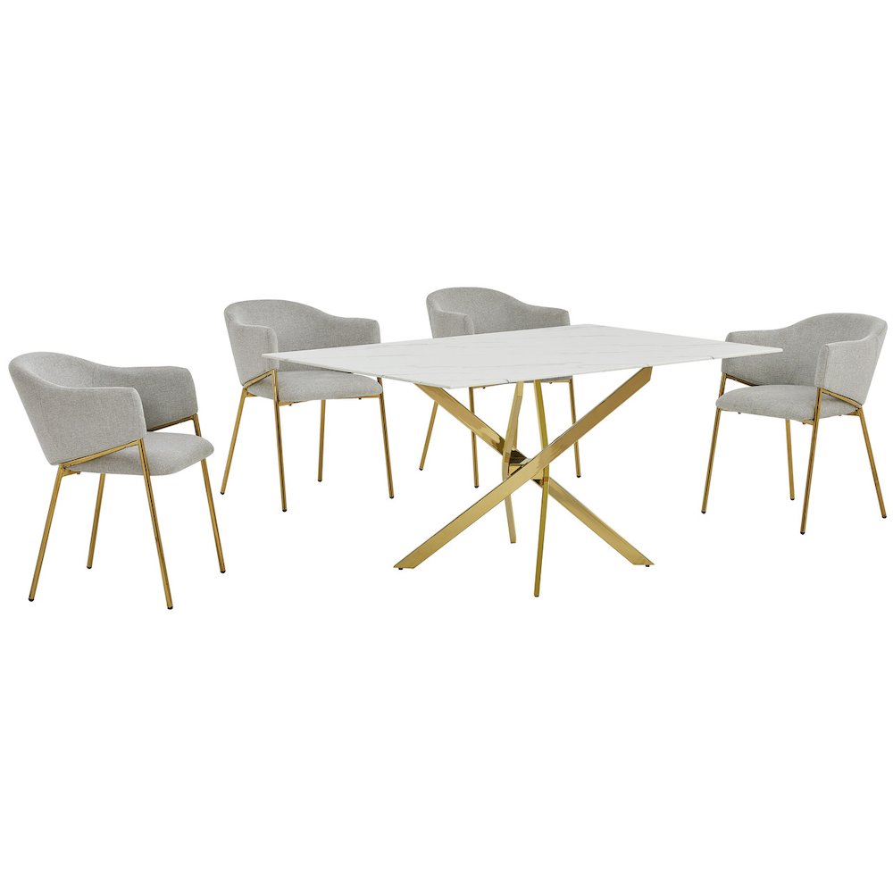 Rectangle Marble Wrap Tempered Glass Dining Table With 4 Linen Gray Side Chairs