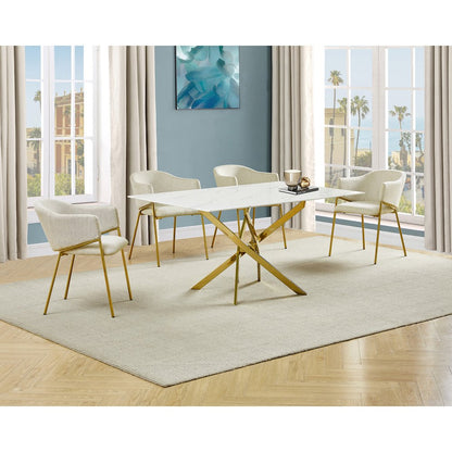 Rectangle Marble Wrap Tempered Glass Dining Table With 4 Linen Beige Side Chairs