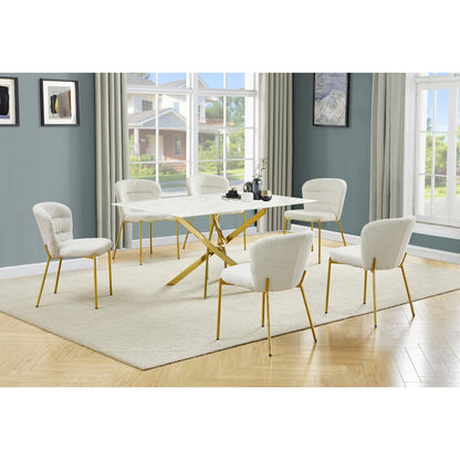 Rectangle Tempered Glass Dining Table With 6 Cream Side Chairs