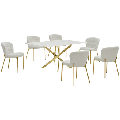 Rectangle Tempered Glass Dining Table With 6 Cream Side Chairs