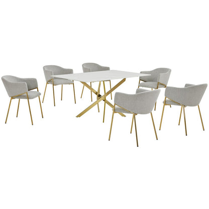 Rectangle Marble Wrap Tempered Glass Dining Table With 6 Linen Gray Side Chairs