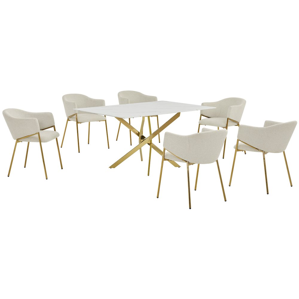 Rectangle Marble Wrap Tempered Glass Dining Table With 6 Linen Beige Side Chairs
