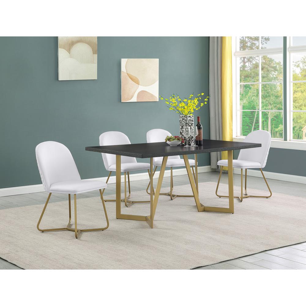 5pc rectangle dining table- Black wood top w/ 4 white faux leather chairs