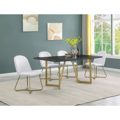 5pc rectangle dining table- Black wood top w/ 4 white faux leather chairs