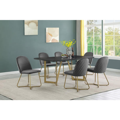 7pc rectangle dining table- Black wood top w/ 6 Dark grey velvet side chairs