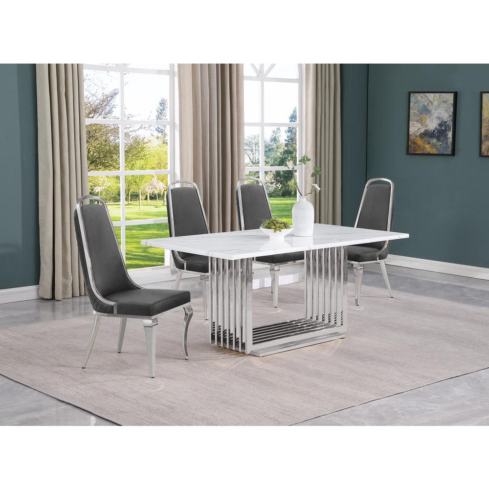 5pc Small(68") marble top dining set with silver base and 4 Dark grey chairs