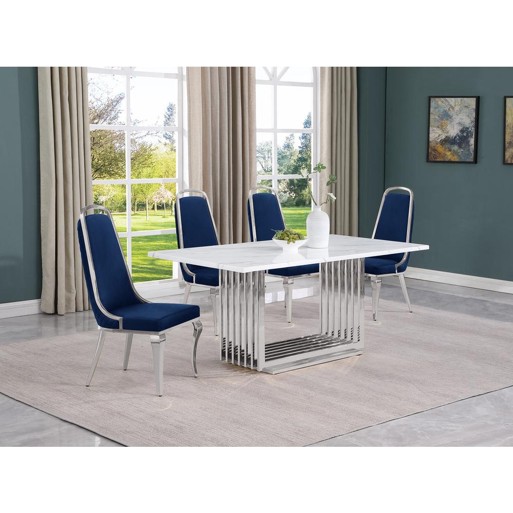 5pc Small(68") marble top dining set with silver base and 4 Navy Blue chairs