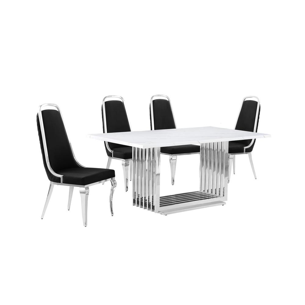 5pc Small(68") marble top dining set with silver base and 4 Black side chairs