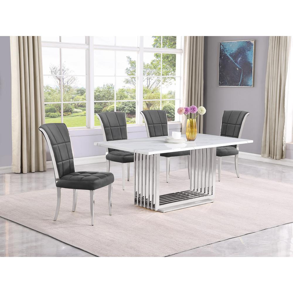 5pc Small(68") marble top dining set with silver base and 4 Dark grey chairs