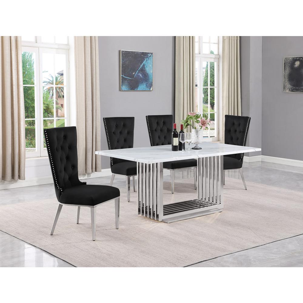 5pc Small(68") marble top dining set with silver base and 4 Black side chairs