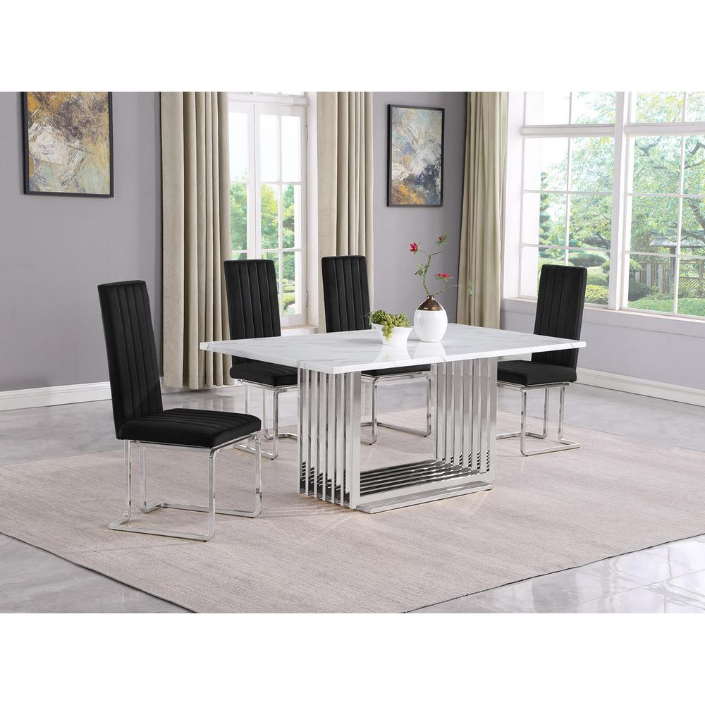 5pc Small(68") marble top dining set with silver base and 4 Black side chairs