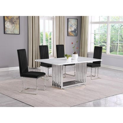 5pc Small(68") marble top dining set with silver base and 4 Black side chairs