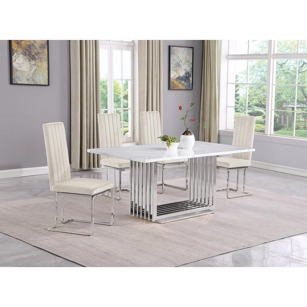 5pc Small(68") marble top dining set with silver base and 4 Cream side chairs
