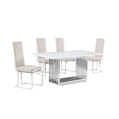 5pc Small(68") marble top dining set with silver base and 4 Cream side chairs