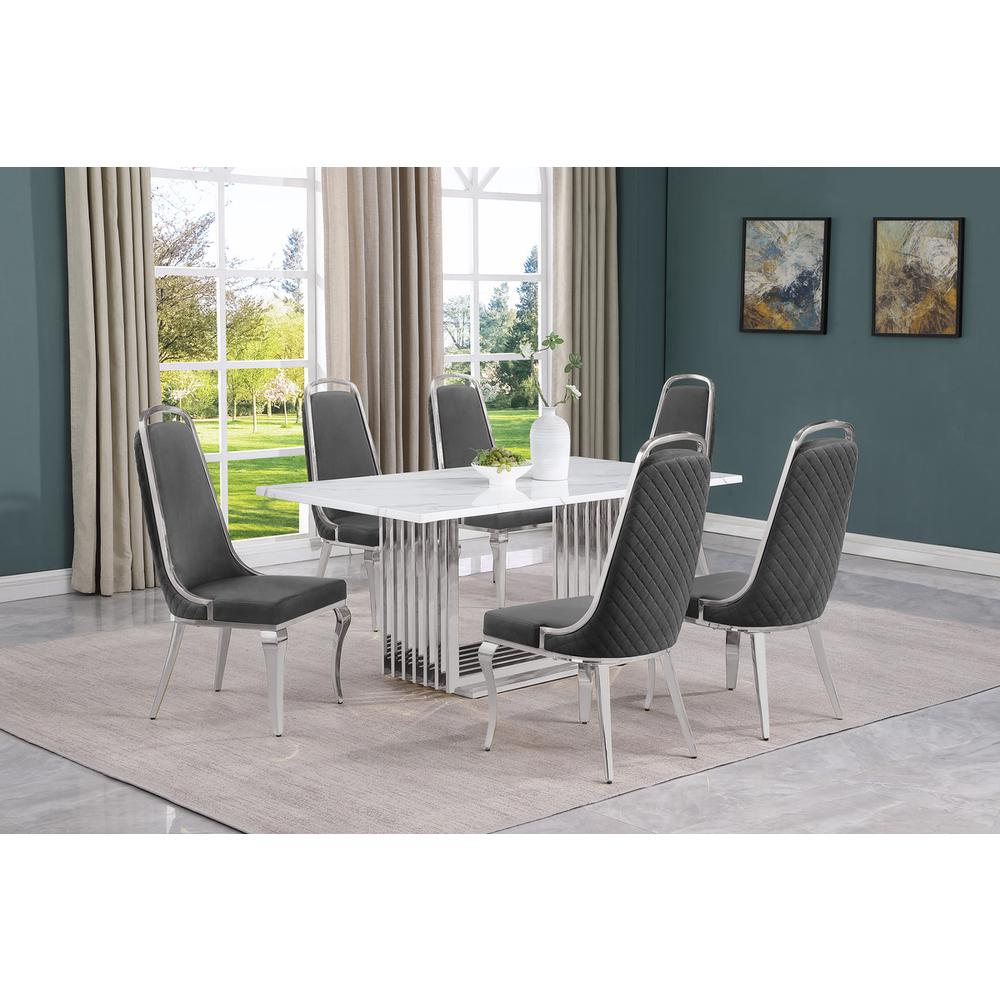 7pc Small(68") marble top dining set with silver base and 6 Dark grey chairs