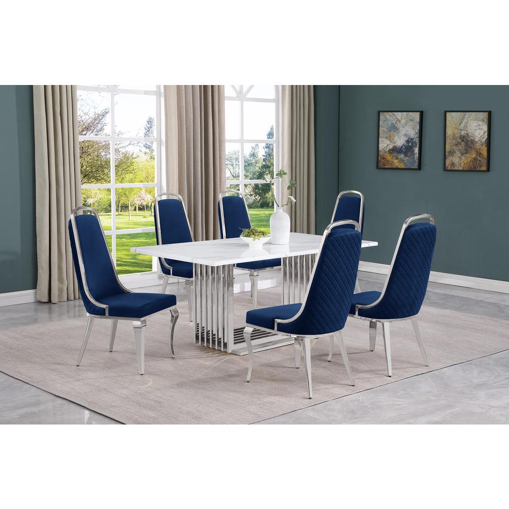 7pc Small(68") marble top dining set with silver base and 6 Navy Blue chairs