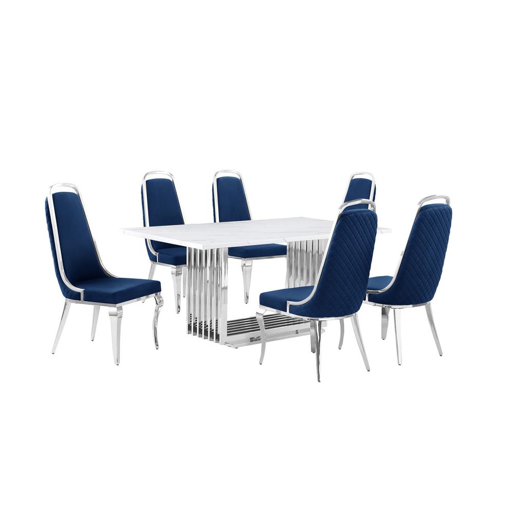 7pc Small(68") marble top dining set with silver base and 6 Navy Blue chairs