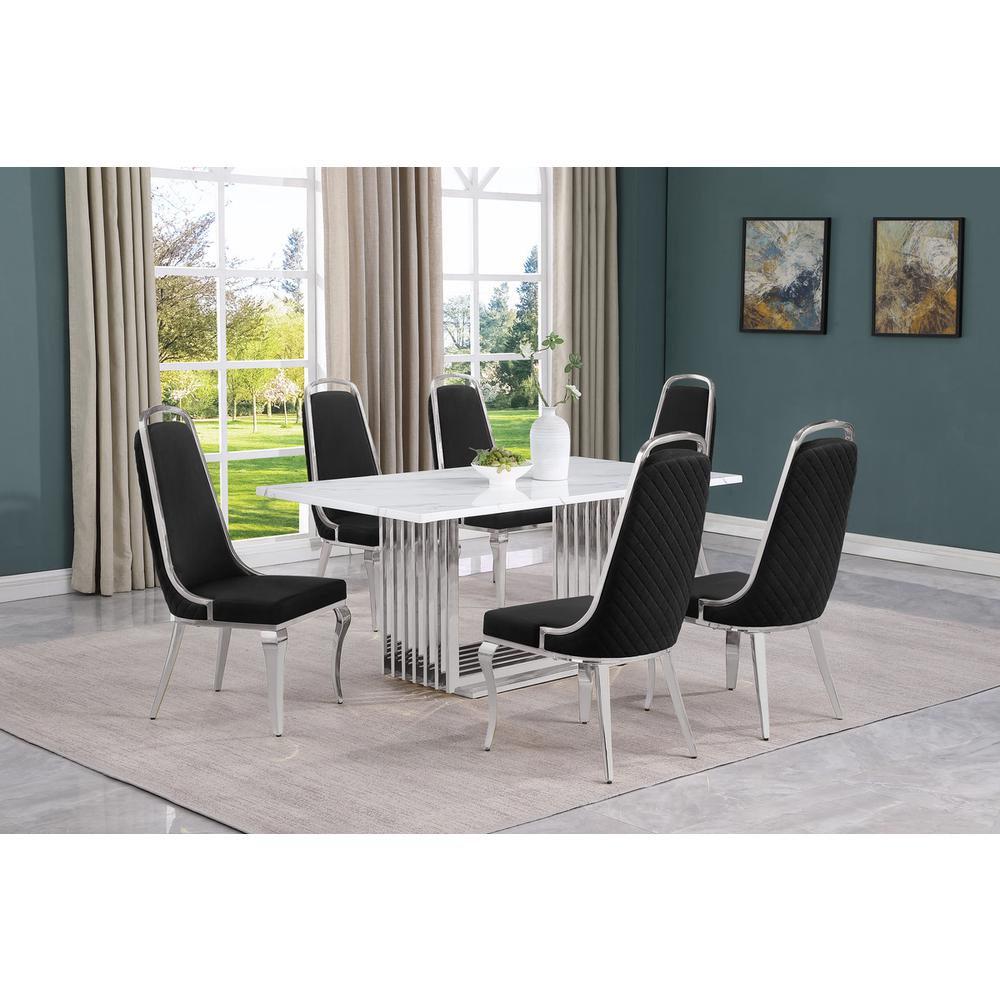 7pc Small(68") marble top dining set with silver base and 6 Black side chairs