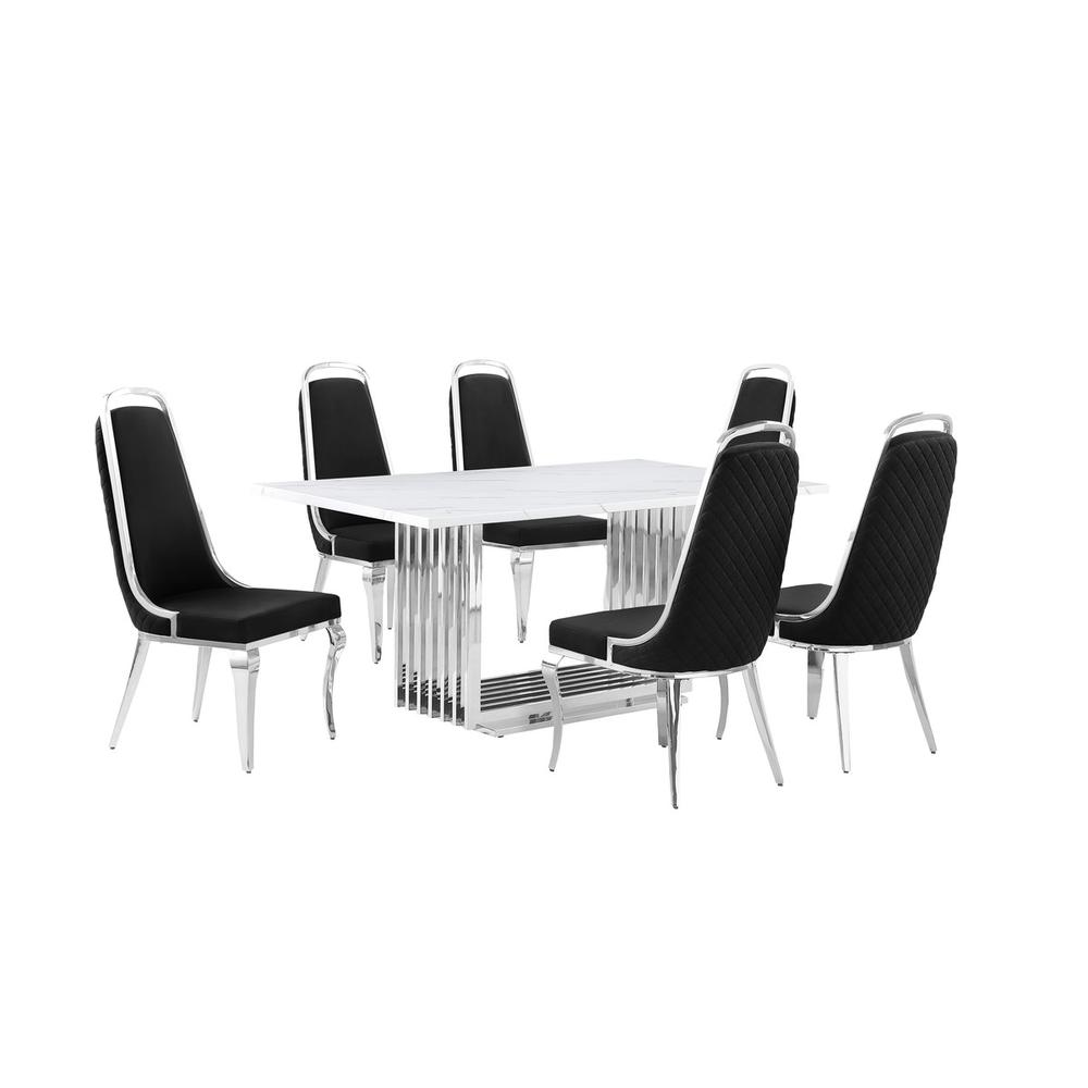 7pc Small(68") marble top dining set with silver base and 6 Black side chairs