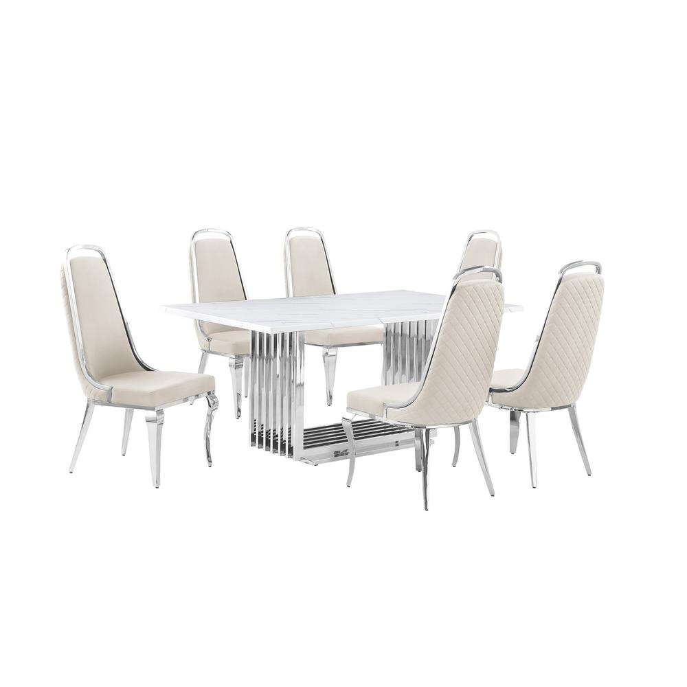 7pc Small(68") marble top dining set with silver base and 6 Cream side chairs