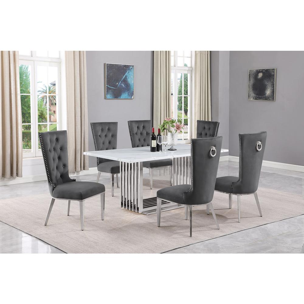 7pc Small(68") marble top dining set with silver base and 6 Dark grey chairs