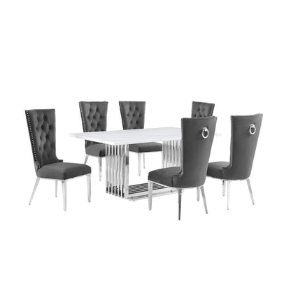7pc Small(68") marble top dining set with silver base and 6 Dark grey chairs