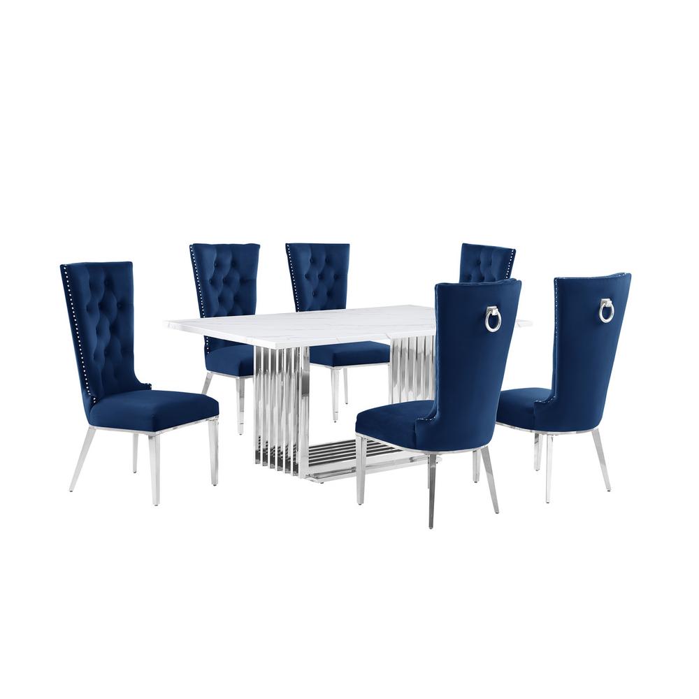 7pc Small(68") marble top dining set with silver base and 6 Navy Blue chairs