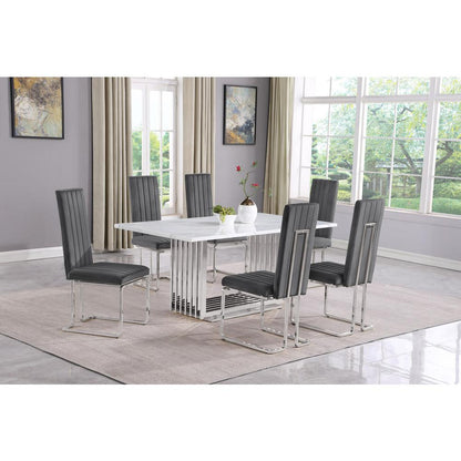 7pc Small(68") marble top dining set with silver base and 6 Dark grey chairs