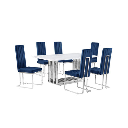 7pc Small(68") marble top dining set with silver base and 6 Navy Blue chairs