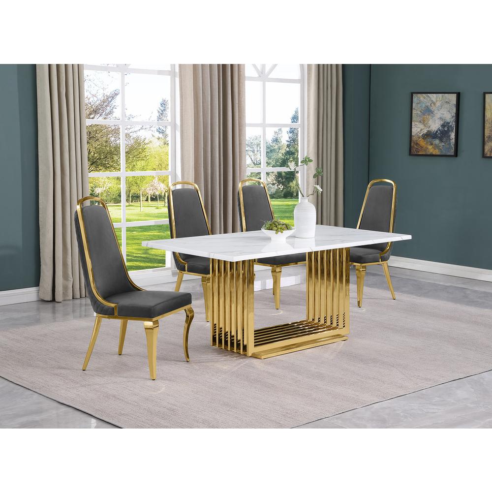 5pc Small(68") marble top dining set with gold base and 4 Dark grey side chairs