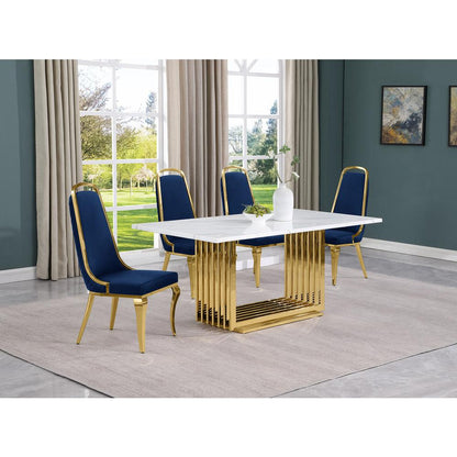 5pc Small(68") marble top dining set with gold base and 4 Navy Blue side chairs
