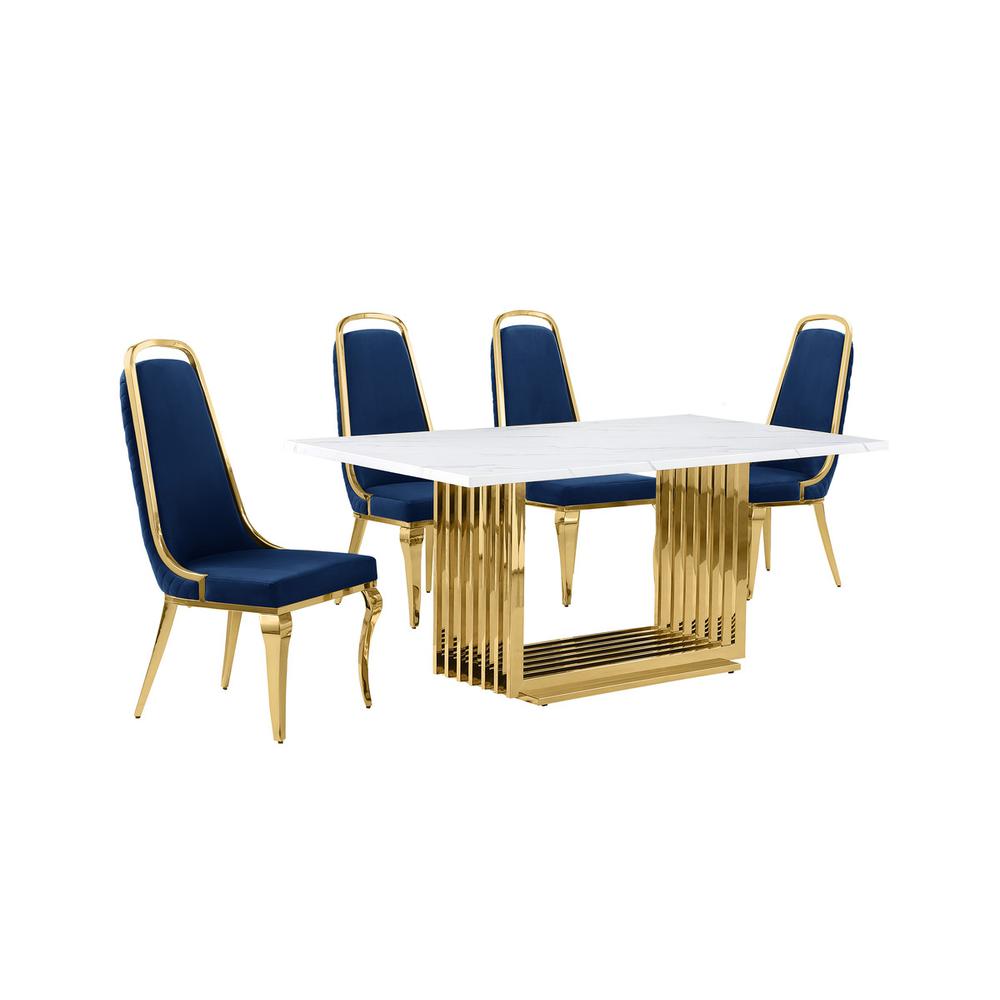 5pc Small(68") marble top dining set with gold base and 4 Navy Blue side chairs