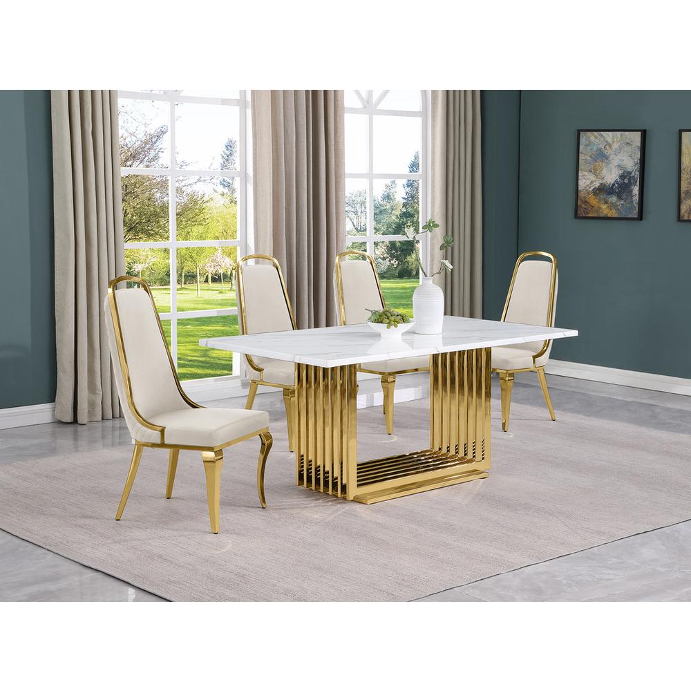 5pc Small(68") marble top dining set with gold base and 4 Cream side chairs