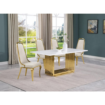 5pc Small(68") marble top dining set with gold base and 4 Cream side chairs