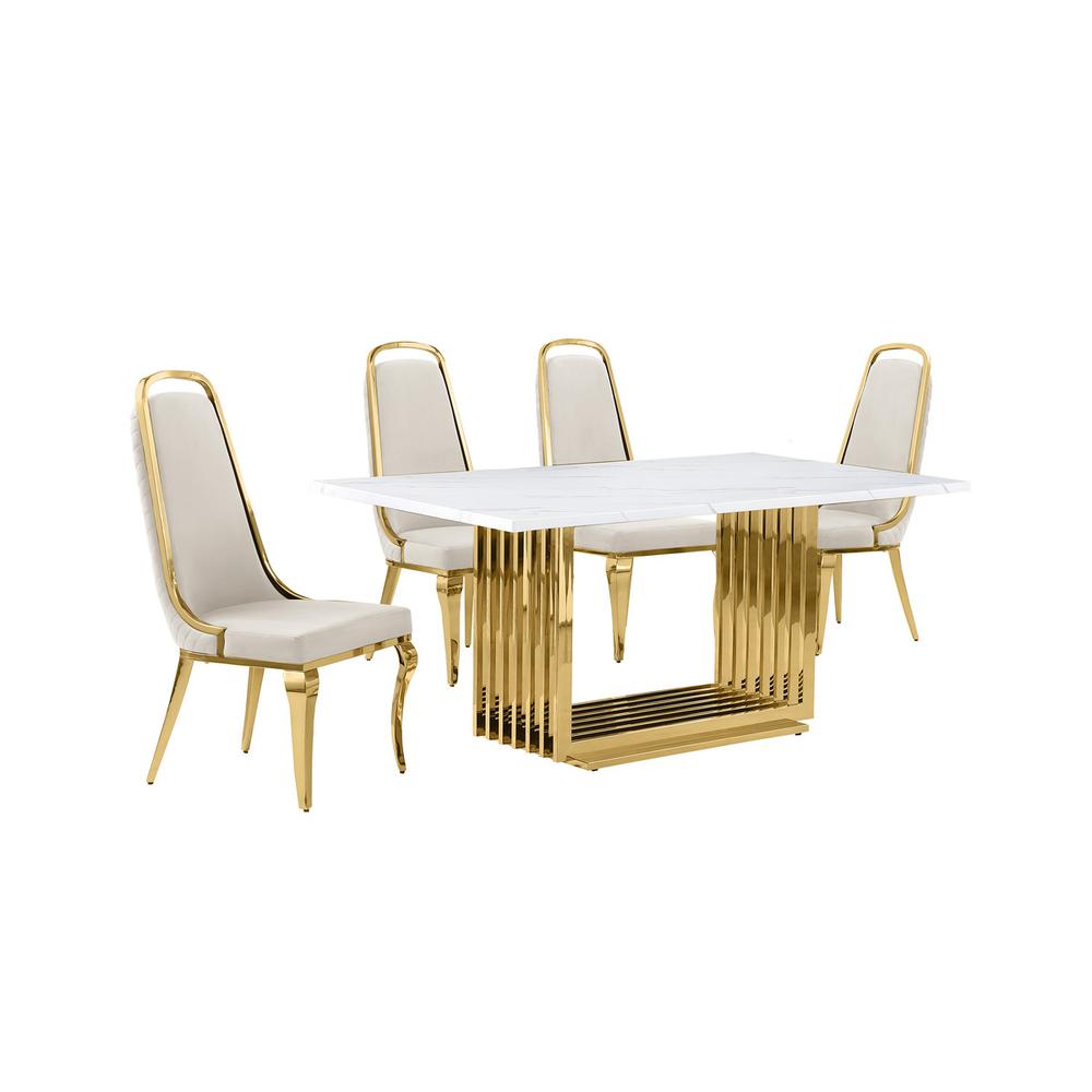 5pc Small(68") marble top dining set with gold base and 4 Cream side chairs