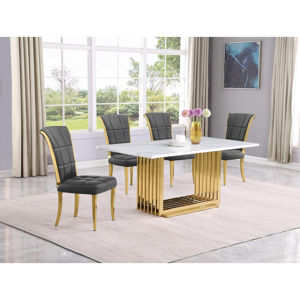 5pc Small(68") marble top dining set with gold base and 4 Dark grey side chairs