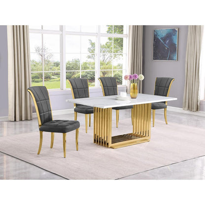 5pc Small(68") marble top dining set with gold base and 4 Dark grey side chairs