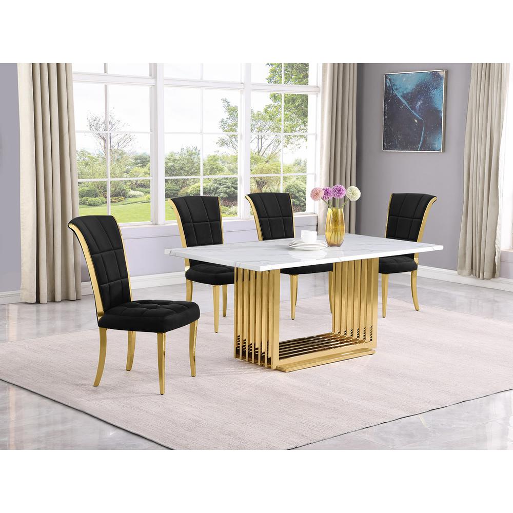 5pc Small(68") marble top dining set with gold base and 4 Black side chairs