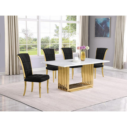 5pc Small(68") marble top dining set with gold base and 4 Black side chairs